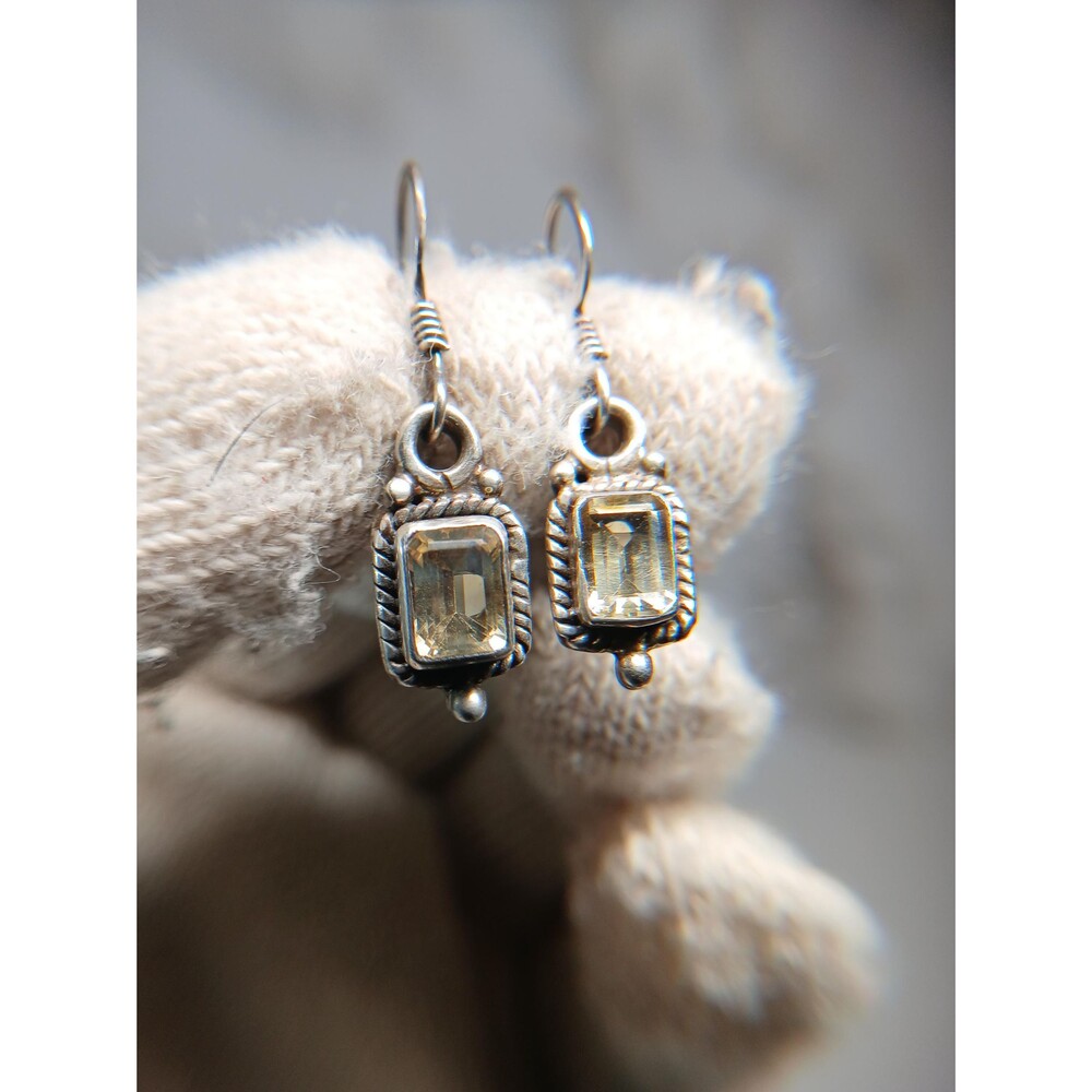 Sterling Silver 925 Rectangular Cut Citrine Dangle Earrings 1.125”